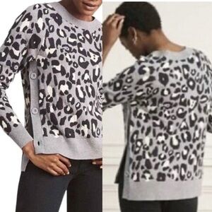 Stella & Dot Gray Side Button Leopard Animal Print Wool Blend Sweater Sz XL